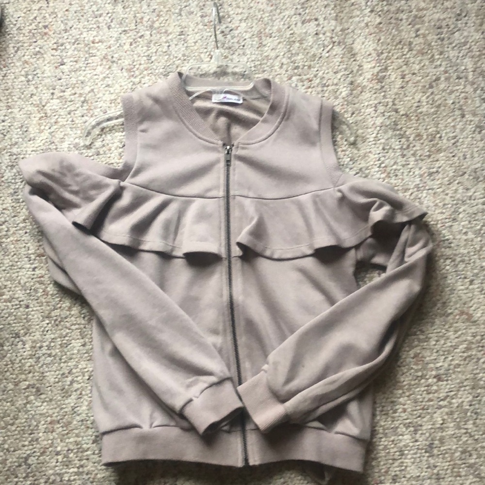 Taupe, shoulder cut out, ruffled zip up sweater.